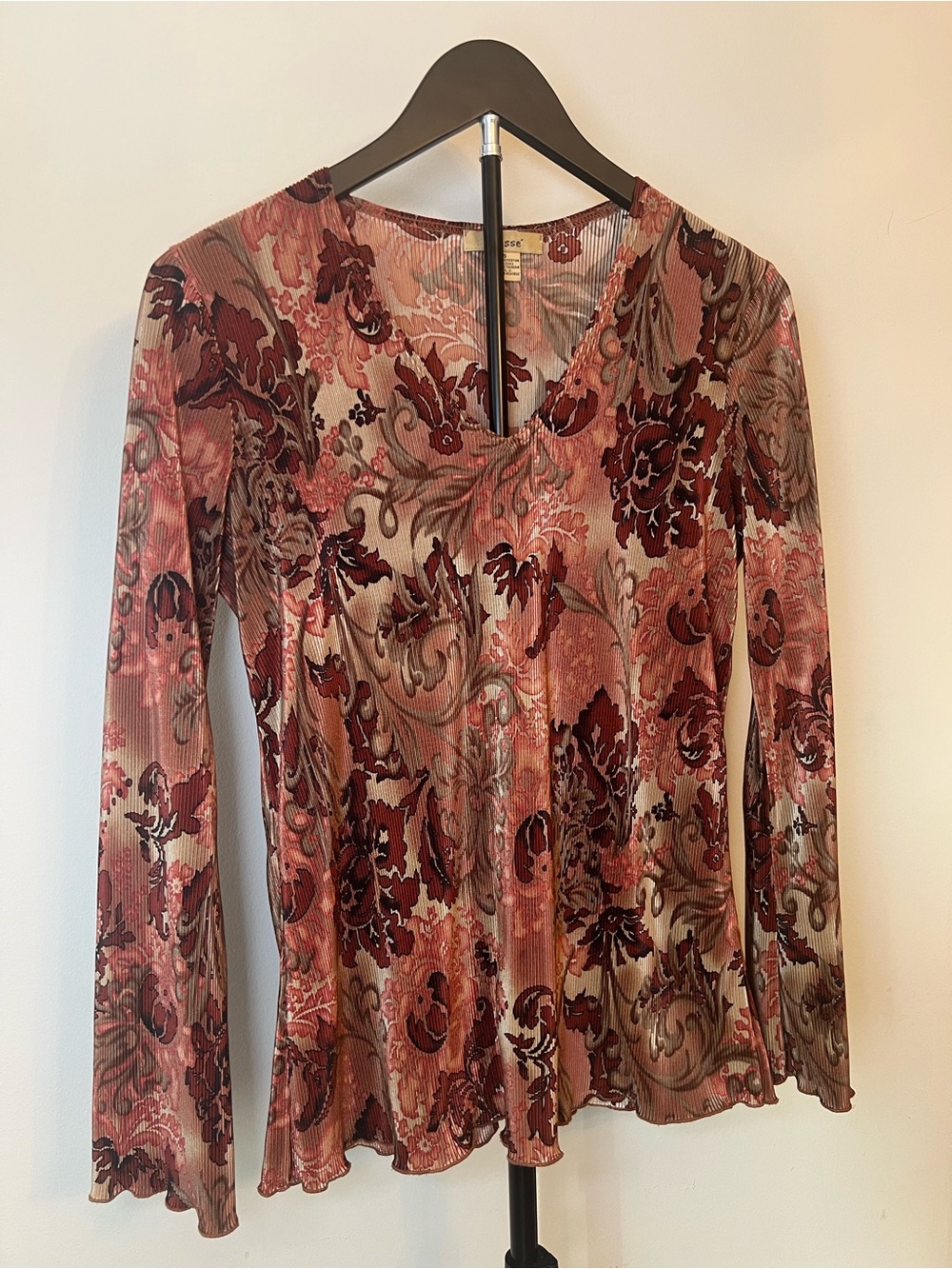 Y2K Plissé Sheer Floral Long Sleeve Top Boho Fairy Grunge S - Picture 4 of 10